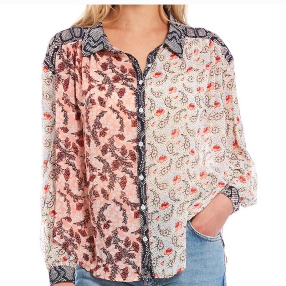 Free People Dani Mixed Paisley Brown Blouse Boho Euc Sz Large